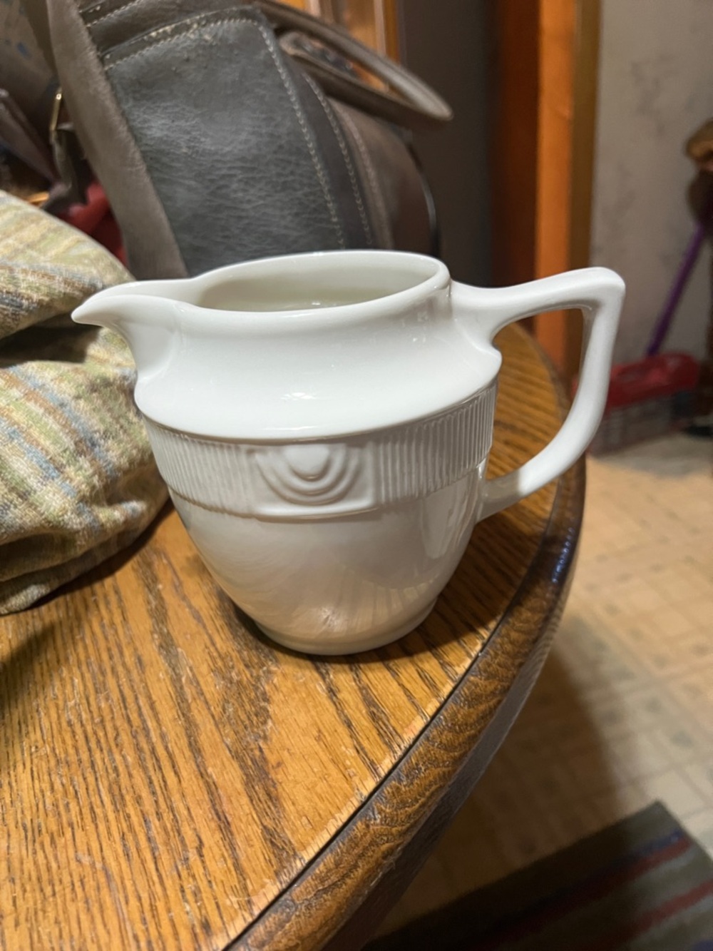 Retro White Ceramic Creamer Pitcher with Textured Band